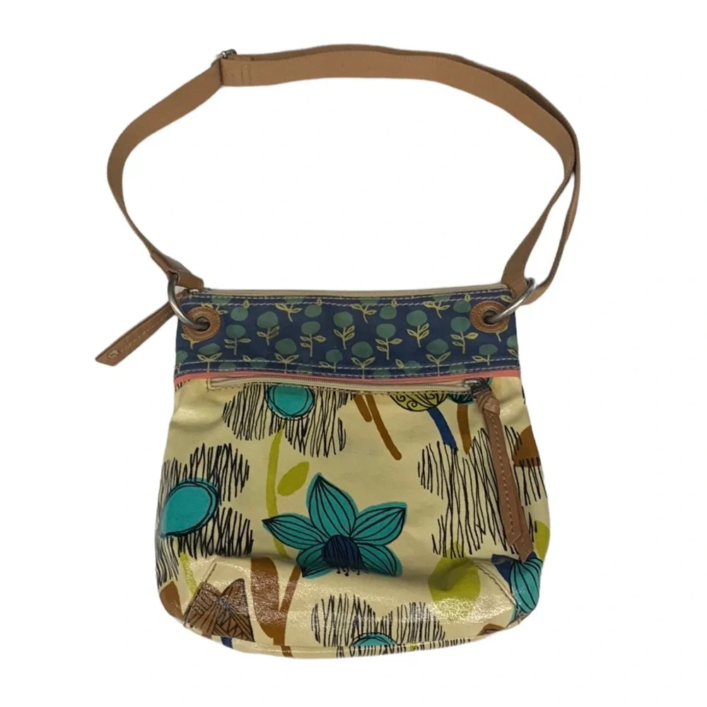 Fossil Key-Per Cross Body Bag Purse Hand Bag Floral Flowers Cream Blue Green